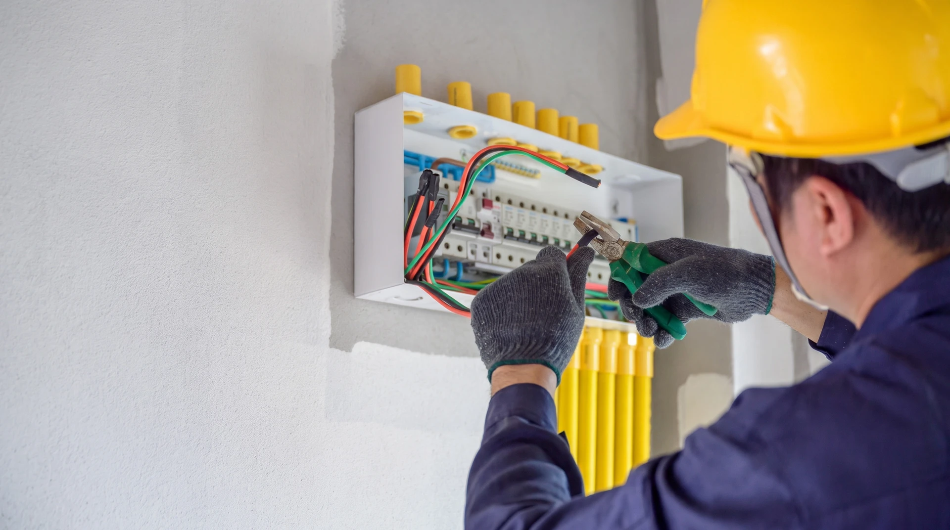 Un électricien travaille dans un tableau électrique ouvert, manipulant des fils avec un outil de précision